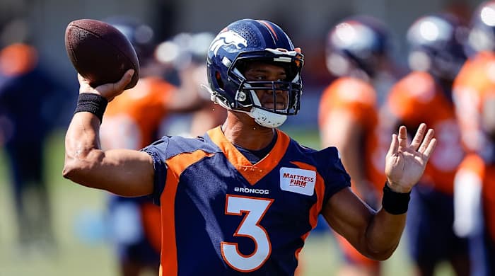 Aug 5, 2022; Englewood, CO, USA; Denver Broncos quarterback Russell Wilson (3) during training camp at the UCHealth Training Center.